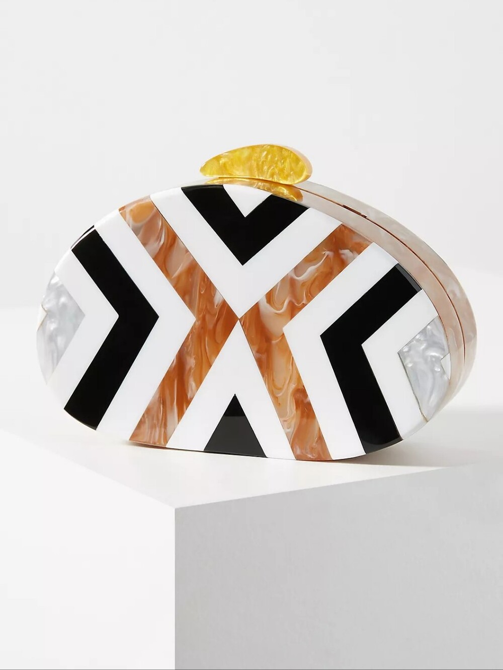 Anthropologie Marais Resin Clutch Geometric Black White Brown Chain Bag